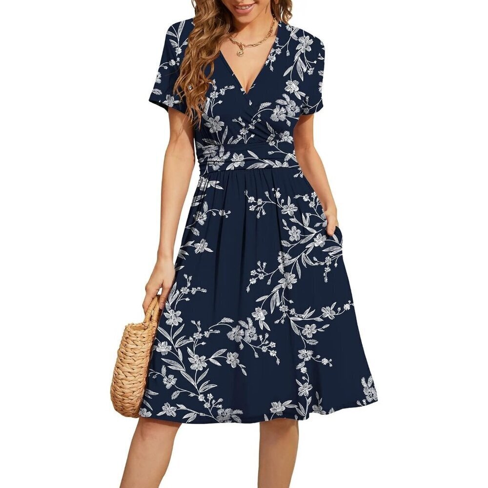 Women White Flower Short Sleeve V-Neck Floral Stretchy Party Dress with Pockets